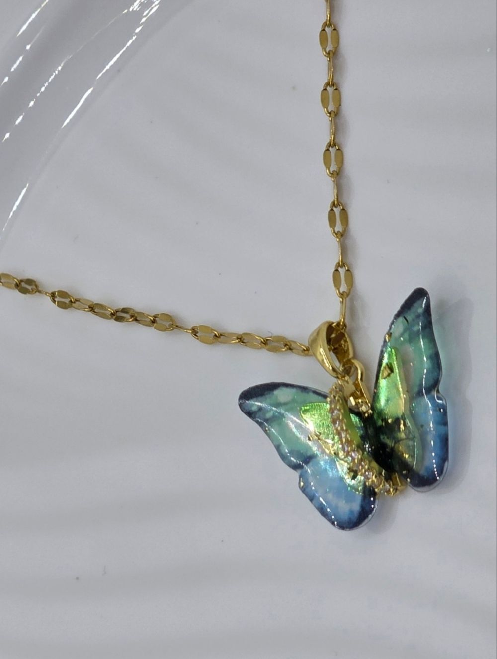 18K Gold Plated Titanium Blue & Green Butterfly Choker Pendant Necklace - Picture 3 of 6